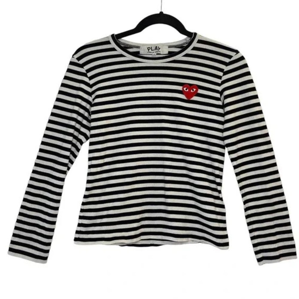 Comme des Garcons PLAY Women's Long Sleeve Tee Size Medium Striped Heart Cotton